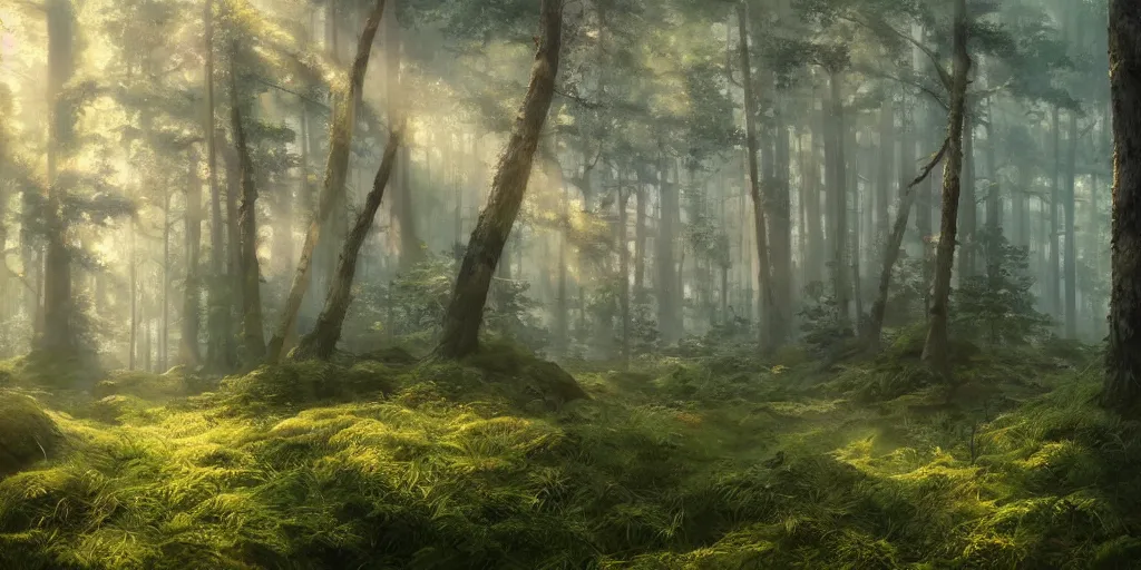 Prompt: A highly detailed matte oil painting of a forest by Mokoto Shinkai, hyperrealistic, breathtaking, beautiful composition, by Artgerm, by beeple, by Studio Ghibli, volumetric lighting, octane render, 4K resolution, trending on artstation