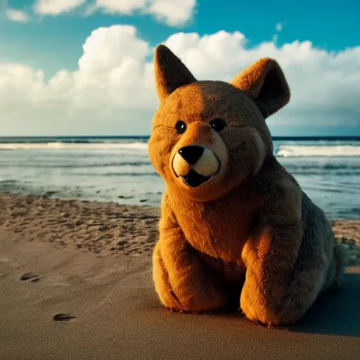 Image similar to an adorable fierce furry monster with long floppy rabbit ears chubby bear body and wolf legs, Smiling at the camera with a mischievous grin, happy lighting, at a tropical beach