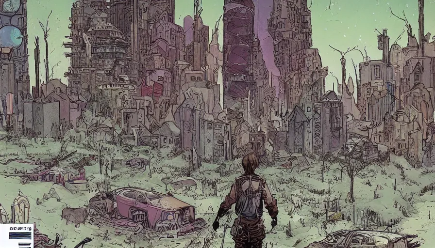 Image similar to ligne claire art of a druid in postapocalyptic city intertwined with nature in the open space, street - level view, by moebius, bright colors, eisner award - winning spread