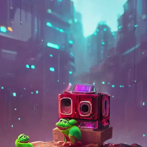 Image similar to pepe sitting on a loot box full of crystals, wadim kashin, simon stalenhag, featured in artstation, octane render, cinematic, elegant, intricate