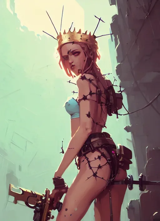 Image similar to portrait of cute maiden girl with crown of thorns, dressed in belts bikini, warhammer, cyberpunk, by atey ghailan, by greg rutkowski, by greg tocchini, by james gilleard, by joe gb fenton, by kaethe butcher, dynamic lighting, gradient light blue, brown, blonde cream and white color in scheme, grunge aesthetic