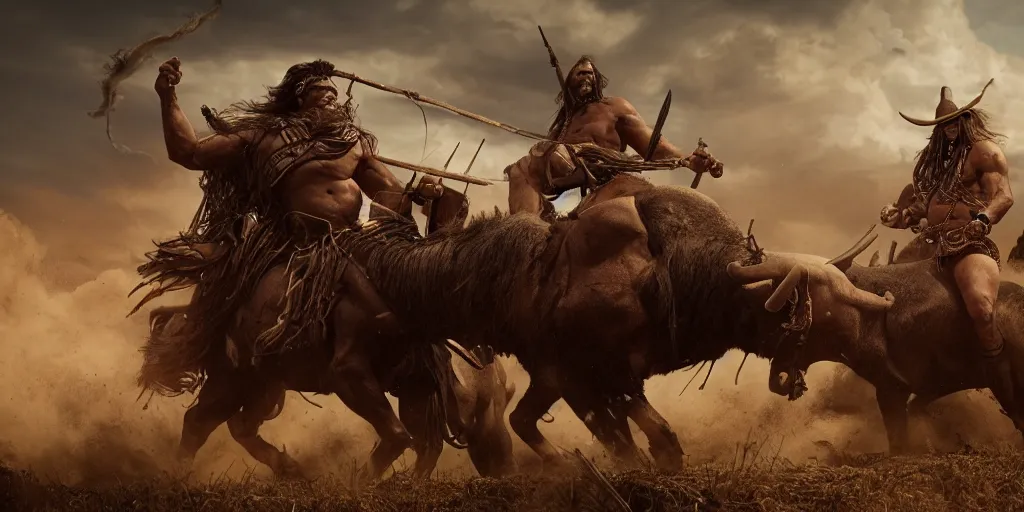 Image similar to an ancient tribesman driving an ancient motorcycle, hunting bisons , symmetrical face, muscular body, attacking, chase, action scene, an epic fantasy, dramatic lighting, cinematic, establishing shot, extremely high detail, photorealistic, cinematic lighting, artstation, octane render, western,old photo, vintage