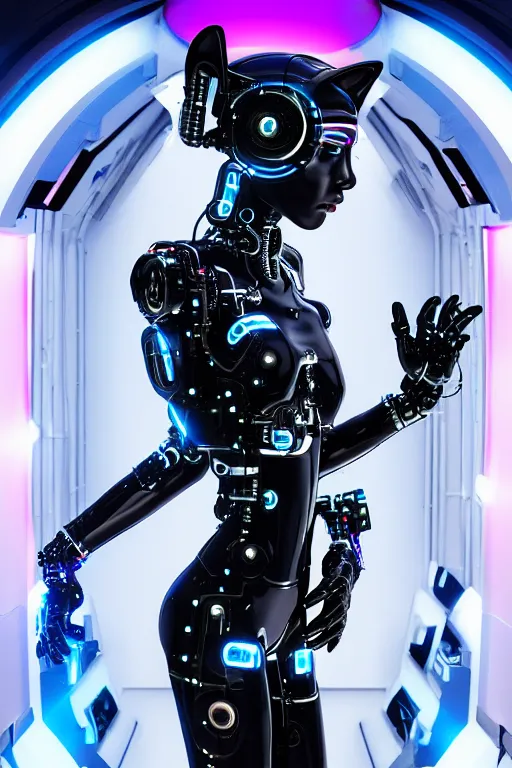 Image similar to cybernetic high tech catgirl with a cybercat on her head, sci - fi, cyberpunk, futurism, exoskeleton, strong artificial intelligence, symmetry, cinematic, elegant, luxury, professional studio light, perfect composition, dlsr photography, sharp focus, 8 k, ultra hd, sense of awe, highly detailed, hyper realistic, intricate, science journal cover