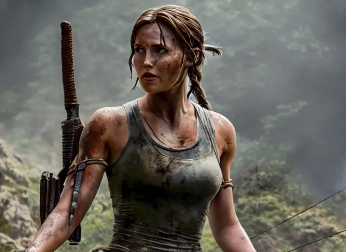 Image similar to film still of!!!! daisy edgar jones!!! as lara croft in new tomb raider movie, 8 k