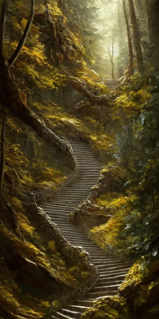 Image similar to a man walking up a steep and winding staircase, in beautiful woods, intricate, elegant, highly detailed, oil painting, artstation, concept art, sharp focus, beautiful illustration, society, by justin gerard and artgerm, 4 k