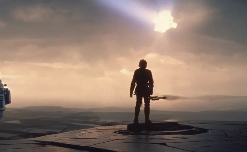 Image similar to iconic wide cinematic screen shot of luke skywalker downtrodden with r 2 - d 2, standing with a view of coruscant at sunset, from the thrilling scene from the hbo succession, moody cinematography, foggy volumetric lighting, hyper detailed scene, anamorphic lenses 2 4 mm, lens flare, award winning