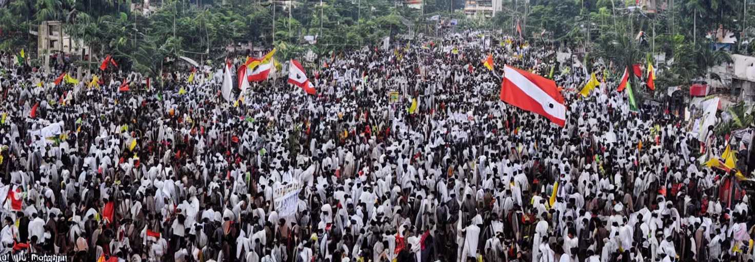 Image similar to jakarta is full of supporters of habib riziq, they demonstrate while carrying jihad flags, very high resolution images, with very fine details, taken by the world's most famous photographers