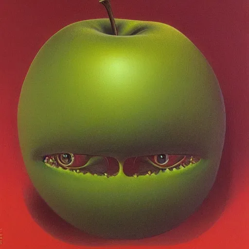 Prompt: An apple with eyes by Zdzisław Beksiński