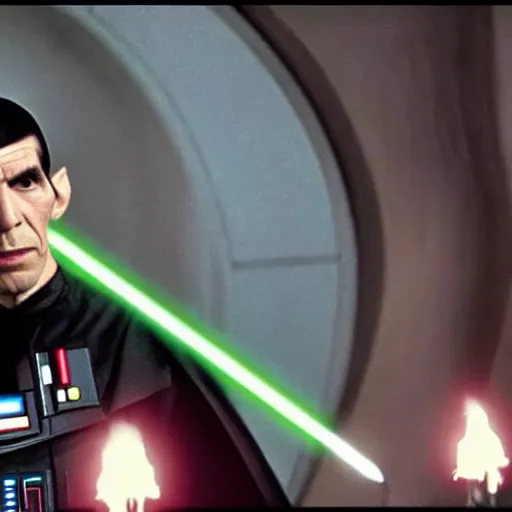 Image similar to photoelectric movie scene with mister spock in star wars duelling darth vader, high quality, 8 k