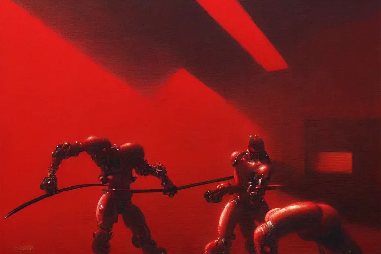 Image similar to only with red, a red cyborg samurai, tokio futuristic in background, some evil yokai fight, in the style of beksinski, parts by edward hopper, parts by rodcenko, parts by yue minjun, intricate and epic composition, red by caravaggio, insanely quality, highly detailed, masterpiece, red light, artstation, 4 k