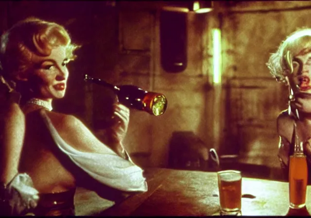 Image similar to A long-shot, color cinema film still of a Marlin Monroe drinking beer in the Mos Eisley's Tavern, Two aliens around, misty, studio lighting; from Star Wars(1977)