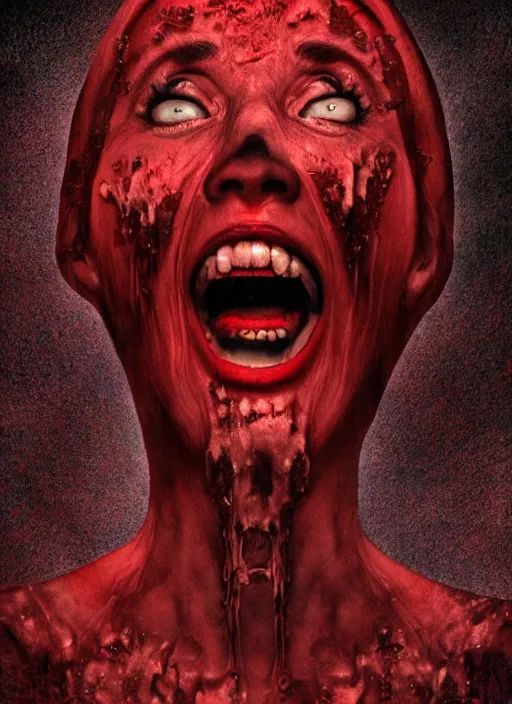 Prompt: dramatic dark red matte portrait painting of screaming insane woman with black mandelbrot fractal instead of face, horror, body horror, dark art, 4 k, detailed, realistic, psychotic, insane, crazy, mental illness, dramatic,