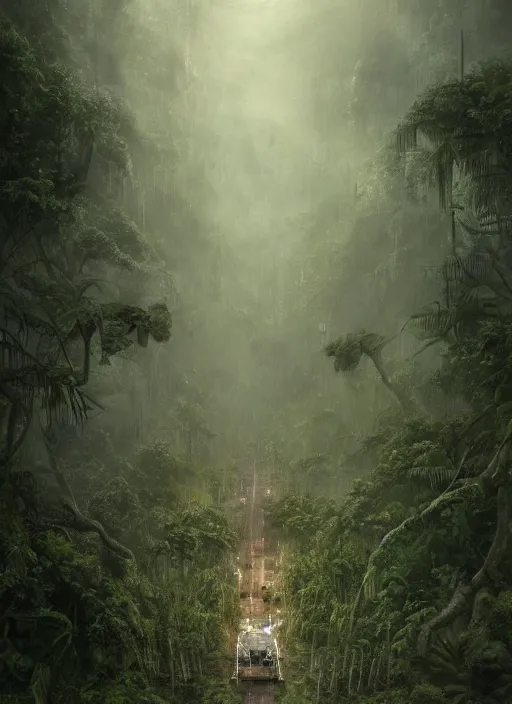 Prompt: aircraft carrier USS Nimitz laying on the ground of a tropical forest, overgrown with vegetation, hanging vines, post appocalyptic, by Luis Royo, by Greg Rutkowski, dark, gritty, intricate, cover illustration, concept art, volumetric lighting, volumetric atmosphere, sharp focus, octane render, trending on artstation, 8k