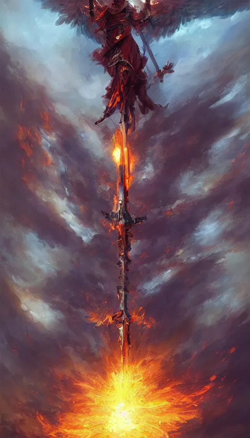Prompt: a massive angel swinging a flaming sword in the sky, intimidating, beautiful painting by greg ruthowski, ruan jia, michal karcz, raphael lacoste, extremely detailed, fantastic quality, trending on artstation, high quality digital painting