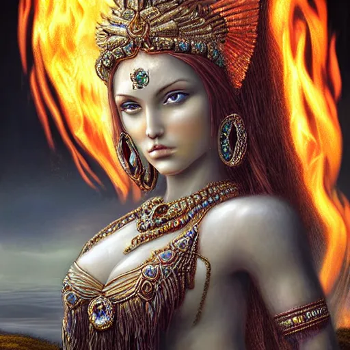 Prompt: perfectly centered close up portrait of goddess of fire, perfect human female specimen, candid photography, by anne stokes, highly detailed