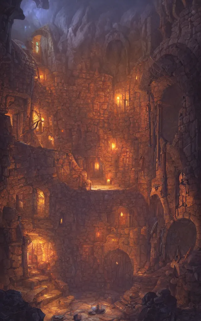 Prompt: a digital painting of a fantasy medieval dungeon by justin gerard, paul bonner, highly detailed, volumetric lighting, digital art, artstation hd