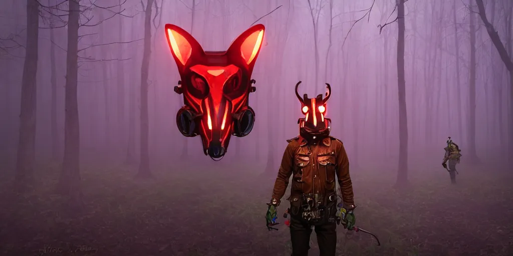 Image similar to a beautifully strange image of a gamekeeper wearing a dieselpunk mechanical fluorescent mystical animal mask and red hoods. walking in the misty swamp. in style of fornite game. award winning. dramatic. trending on artstation. high quality. rendered by beeple, digital art, unreal engine 5, fornite game. octane render