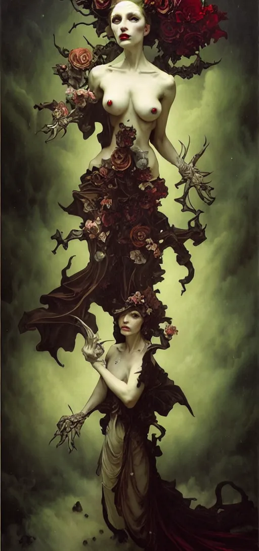 Image similar to baroque oil painting of full body vampire princess portrait, by nekro, peter mohrbacher, alphonse mucha, brian froud, yoshitaka amano, kim keever, victo ngai, james jean