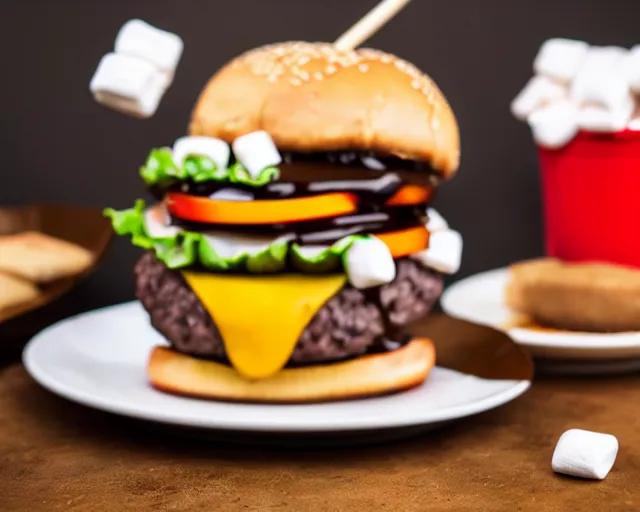 Image similar to dslr food photograph of burger with marshmallows in it, some chocolate sauce, 8 5 mm f 1. 4