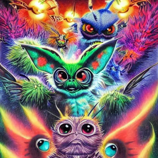 Prompt: gremlins vs mothra art by Noriyoshi Ohrai and Lisa Frank