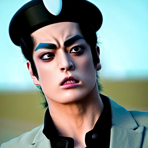 Image similar to a photograph of jotaro kujoh from a live action version of jojo's bizarre adventure, filmic, cinematographic