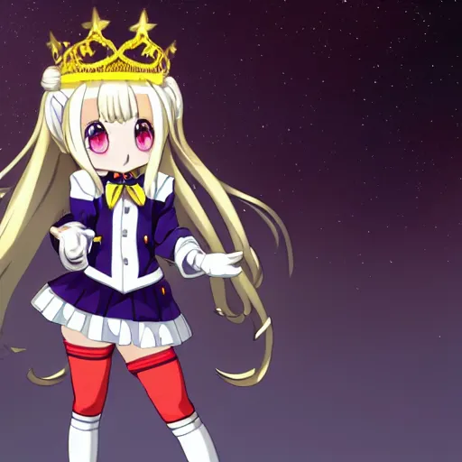 Image similar to An anime magical girl with long blond ponytails, dressed in a sailor-suit school uniform inspired attire, wearing a golden tiara in her forehead, white elbow-length gloves and red thigh-high boots