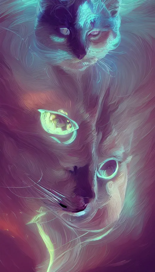 Image similar to cat, neon, fibonacci, sweat drops, insane, intricate, highly detailed, digital painting, artstation, concept art, smooth, sharp focus, illustration, Unreal Engine 5, 8K, art by artgerm and greg rutkowski and alphonse mucha