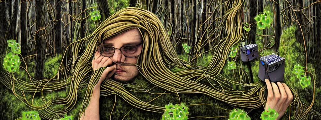 Image similar to a grunge technogaianist long-haired blonde digital musician playing modular synthesizer in the forest, technology and nature swirling in harmony, plugging vines into the synthesizer, trees swaying to the beat, postmodern surrealist concert poster, grainy, hand drawn matte painting by Tara McPherson and Gary Houston, smooth, sharp focus, extremely detailed, 50mm.