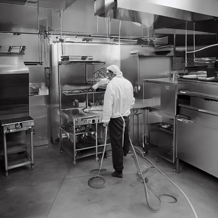 Prompt: a man standing in a restaurant kitchen, he is by the fryers and using a pressure washer to spray wash the exhaust duct that is overhead and above the fryer vat, canon eos c 3 0 0, ƒ 1. 8, 3 5 mm, 8 k, medium - format print