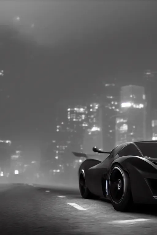 Prompt: the batmobile driving through gotham city at night. fluorescent light. pov from behind the wheel. octane render. 8 k. monochrome. black and white. mist. atmospheric. cinematic. hdr, raytracing, global illumination. a matte painting by ash thorp.