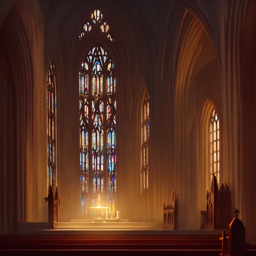Prompt: curch with altar in glory light, digital painting, greg rutkowski, artstation, cinematic, matte painting