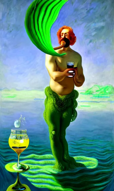 Prompt: Distinguished Merman Salvadore Dali drinking the finest whiskey in a glass, Algae. Trending on ArtStation and Pixiv. A vibrant digital oil painting. A highly detailed fantasy character illustration by Wayne Reynolds and Charles Monet and Gustave Dore and Carl Critchlow and Bram Sels