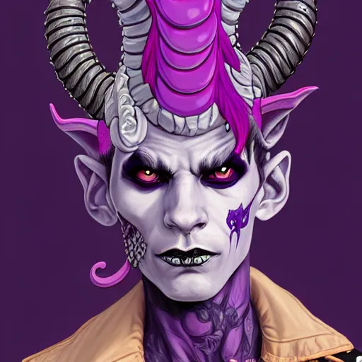 Image similar to portrait painting of a punk tiefling bard with ram horns and purple skin, sharp focus, award - winning, trending on artstation, masterpiece, highly detailed, intricate. art by josan gonzales and moebius and deathburger