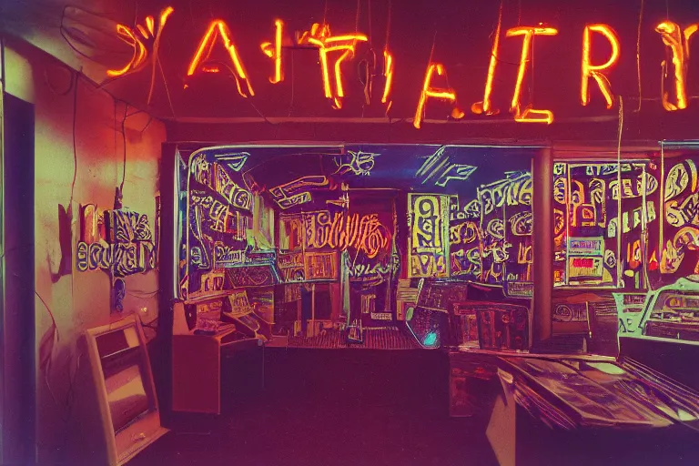 Prompt: giant metallic skull inside of a 1970s music store store, neon lights, dirty, ektachrome photograph, volumetric lighting, f8 aperture, cinematic Eastman 5384 film