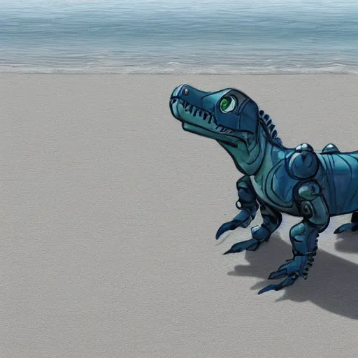 Prompt: a robot dinosaur is sleeping on the beach, photorealistic