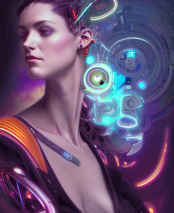 Image similar to a whirlwind of souls rushing inside the metaverse, hologram, half body, neurochip, shaved temple, piercing, jewelry, android, cyborg, cyberpunk face, by loish, d & d, fantasy, intricate, elegant, highly detailed, colorful, digital painting, artstation, concept art, art by artgerm and greg rutkowski and alphonse mucha