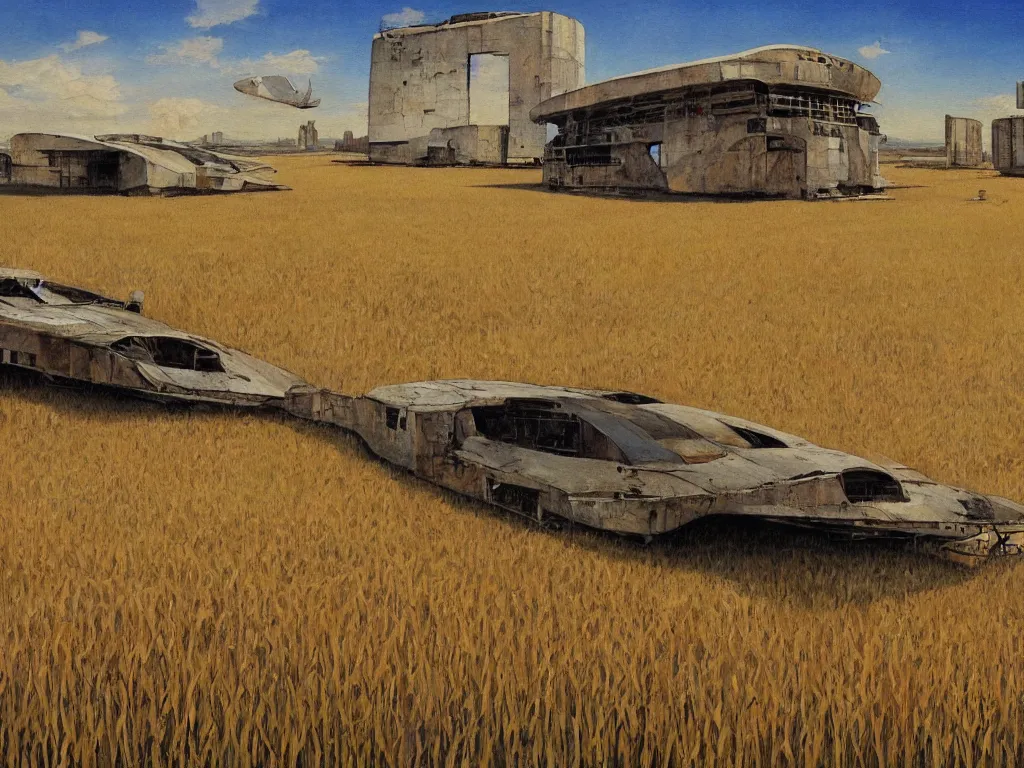 Image similar to A fantastic painting of a dilapidated post-modern building on a wheat field with an abandoned spaceship parked on the roof of the building, by Robert McCall, Trending on artstation, very detailed