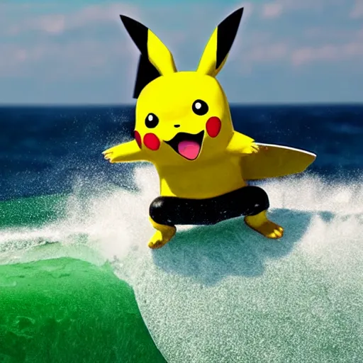 Prompt: pikachu surfing on a wave made of green slime