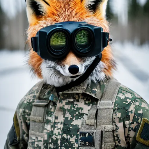 Image similar to a fluffy Fox dressed in a modern American military soldier uniform with night vision goggles, 85mm f/1.4