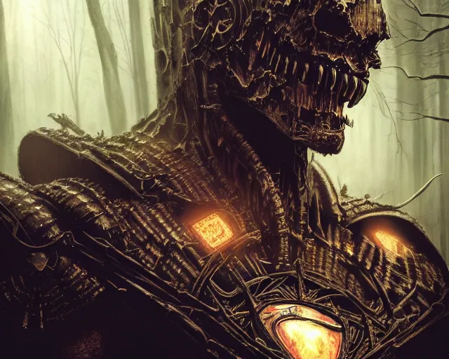 Image similar to 5 5 mm close up portrait photo of an armored biomechanical demonic superman looking at the camera, in a magical forest. dark atmosphere. art by greg rutkowski and luis royo. highly detailed 8 k. intricate. lifelike. soft light. nikon d 8 5 0.