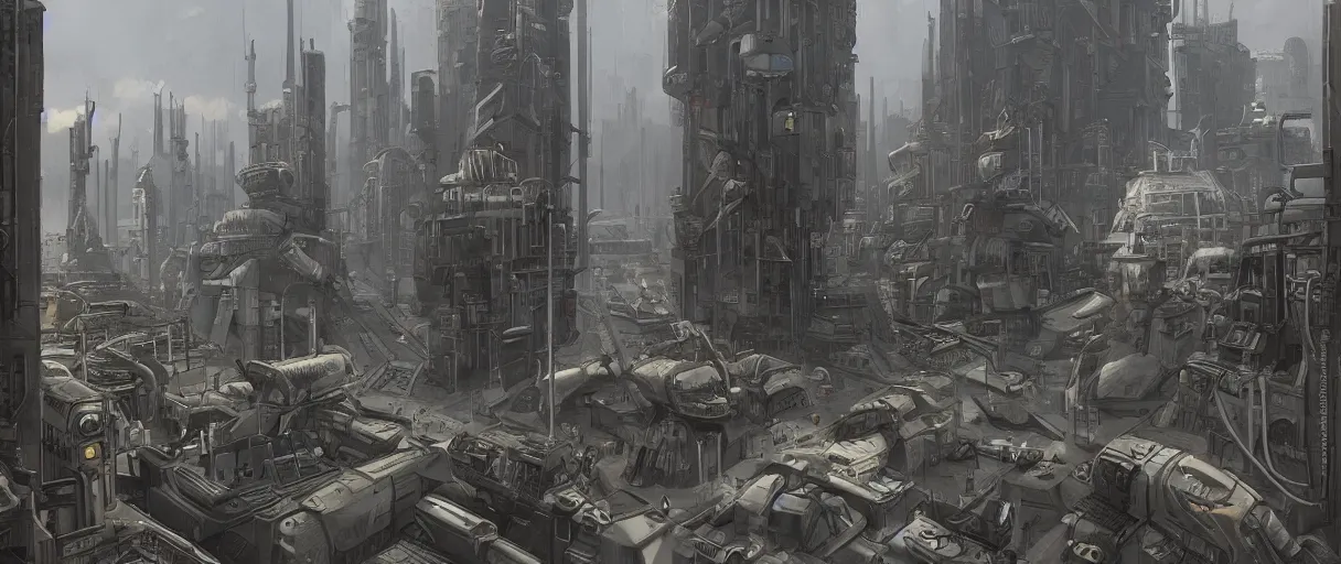 Image similar to digital concept art of dystopian, atompunk Berlin, high quality, high detail, in the style of Ralph Mcquarrie, megacity