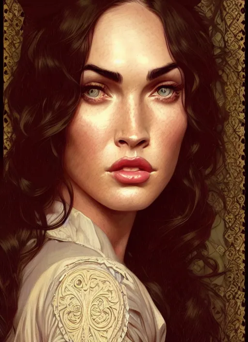 Prompt: portrait of megan fox in victorian dress, 1 8 9 0, intricate, headshot, highly detailed, digital painting, artstation, concept art, sharp focus, cinematic lighting, illustration, art by artgerm and greg rutkowski, alphonse mucha, cgsociety