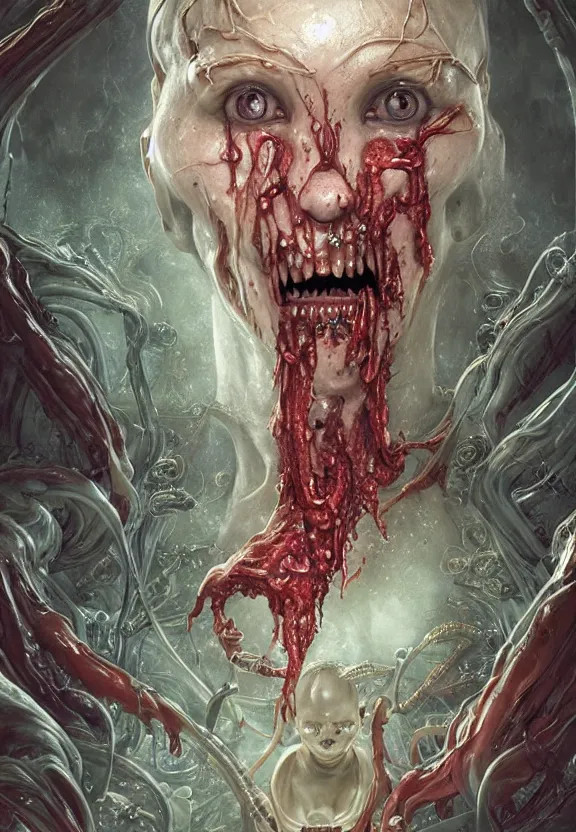 Image similar to portrait of a bloodied ornate filigreed slime dripping genderless insect alien monster, muscles, rippling, space warping and twisting, ultra realistic, concept art, intricate details, eerie, highly detailed, photorealistic, octane render, 8 k, unreal engine. art by artgerm and greg rutkowski and alphonse mucha