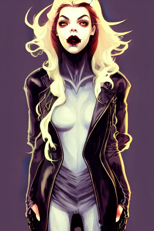 Image similar to rafael albuquerque comic art, art nouveau, peter mohrbacher, artgerm, pretty anya taylor - joy vampire sharp vampire teeth open mouth, symmetrical eyes, black leather jacket, jeans, long blonde hair, full body