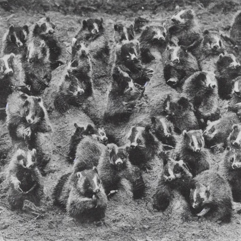 Image similar to a group of badgers with badger faces, in 1 9 4 0 s suits, standing upright like people, anthropomorphic, style of beatrix potter, digging at sutton hoo, their faces are badger's faces, rendered as a highly detailed black & white photograph