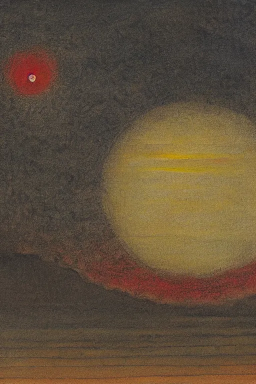 Image similar to painting of a plain landscape with large red sun at the top in the style of william blake