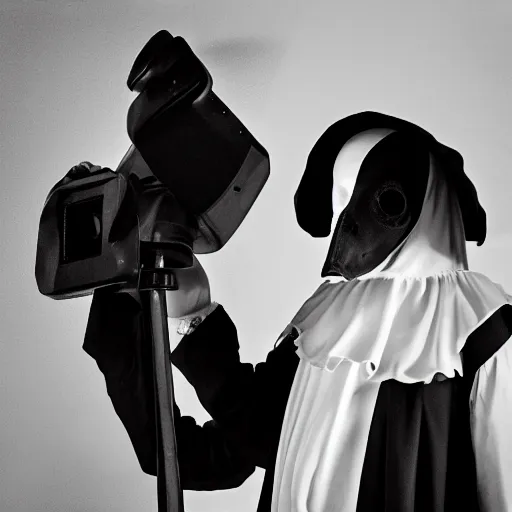 Prompt: A plague doctor wearing a french maid dress, security camera photo, 4k, black and white, ghostly, dark