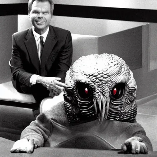 Image similar to predator creature taking a seat with chris hansen, still from tv show to catch a predator