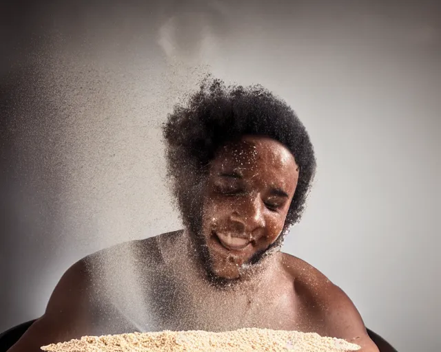 Prompt: A man with an afro mixes flour and oil then pours it down the drain, dynamic lighting, photograph