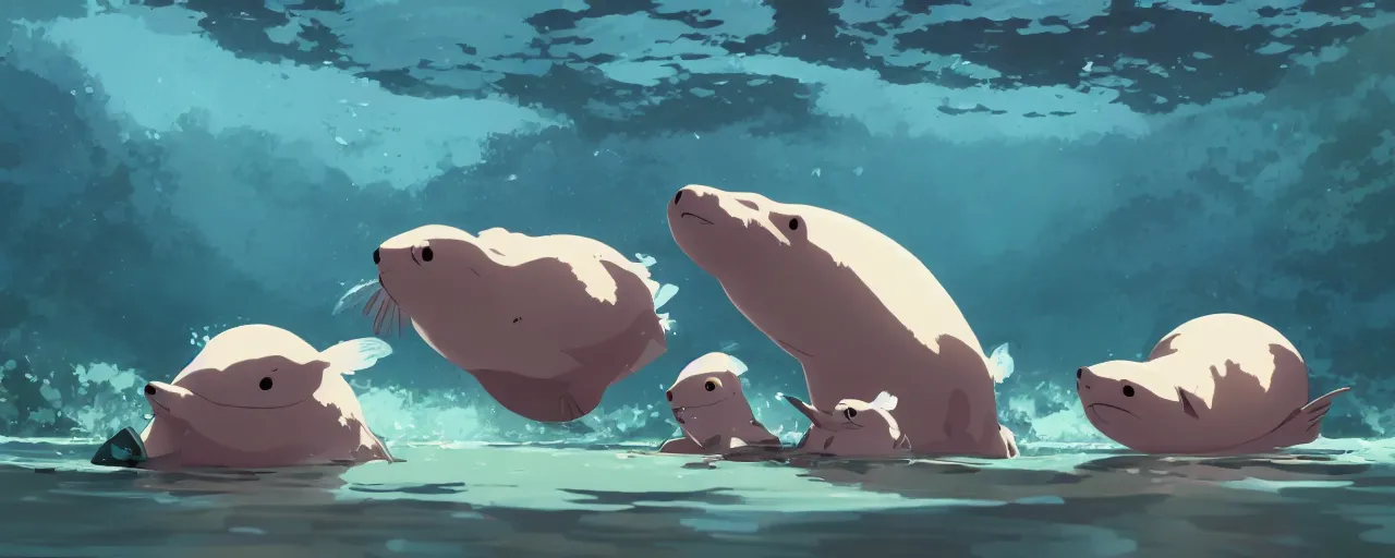 Image similar to piranhas eating a baby harp seal in a tropical river, atey ghailan, goro fujita, studio ghibli, rim light, dark lighting, clear focus, very coherent